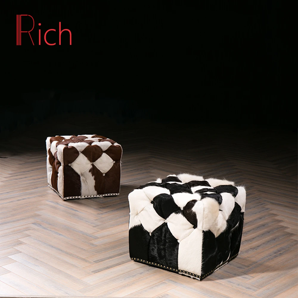 Cowhide Fur square Stool Cube Ottoman Cowhide Leather Stool Black and White Padded Fabric Overstuffed Footstool Ottoman