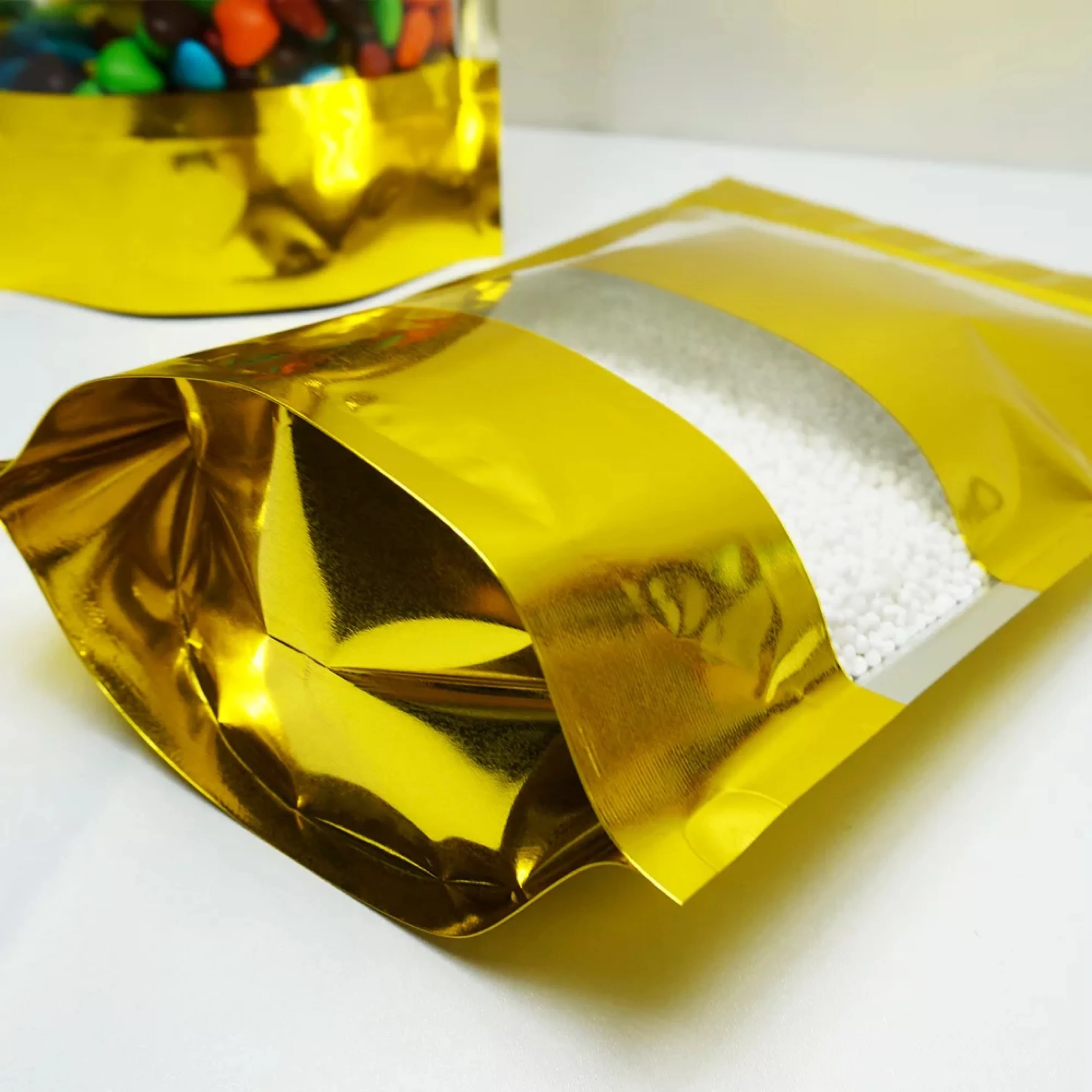 Zip Lock Stand up Mylar Bags Gold Aluminum Foil Packaging Bag With Clear Window