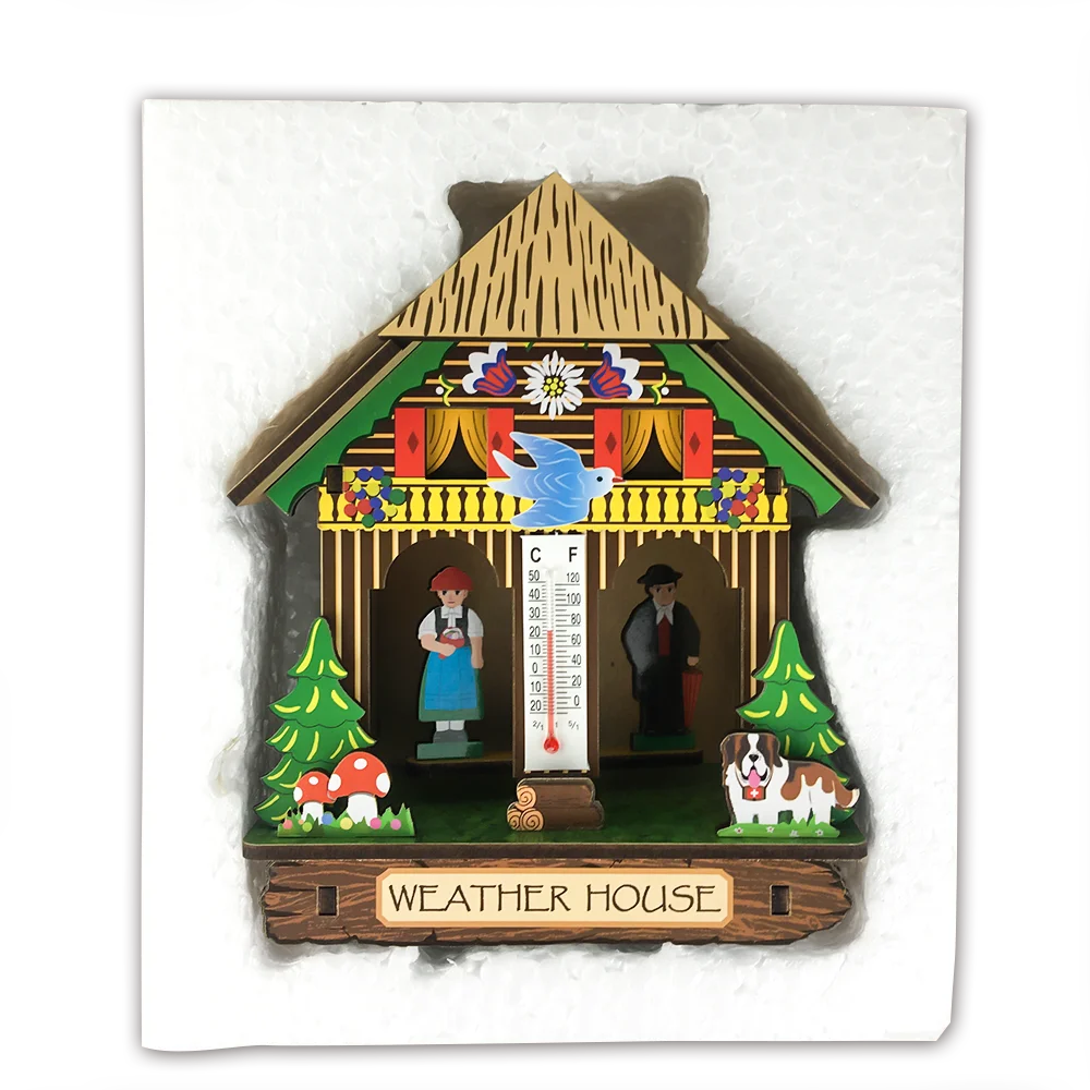 862 Wooden Black Forest German Weather House with Thermometer