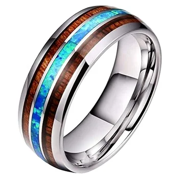 Custom Domed Double Wood Inlay Tungsten Carbide Blue Opal Inlay Ring Women Men