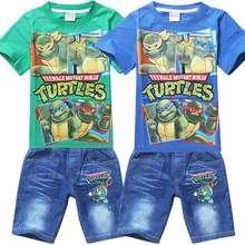 Retail 2014 Teenage Mutant Ninja Turtles Boys Clothing Sets Summer Kids Boys Clothes Short Sleeve Shirt+Denim Shorts