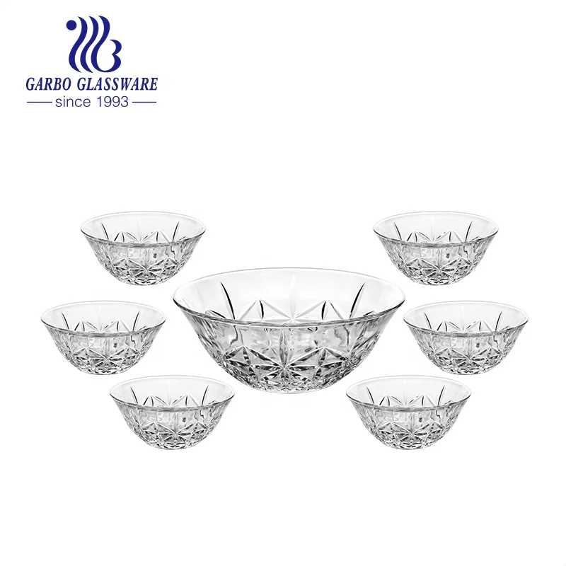Classical Style Cheap Price clear Large Glass Fruit Salad Bowl Hot Sale 7 Pcs Large Glass Fruit Bowl Set