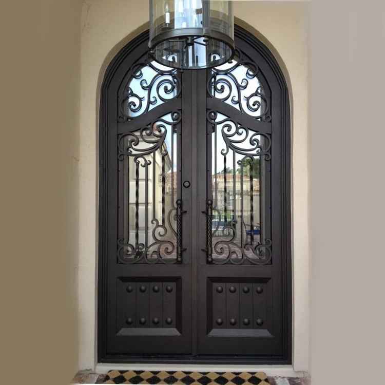 Villa Decoration Front Entry Double Wrought Iron Arch Door Church Iron Door Design