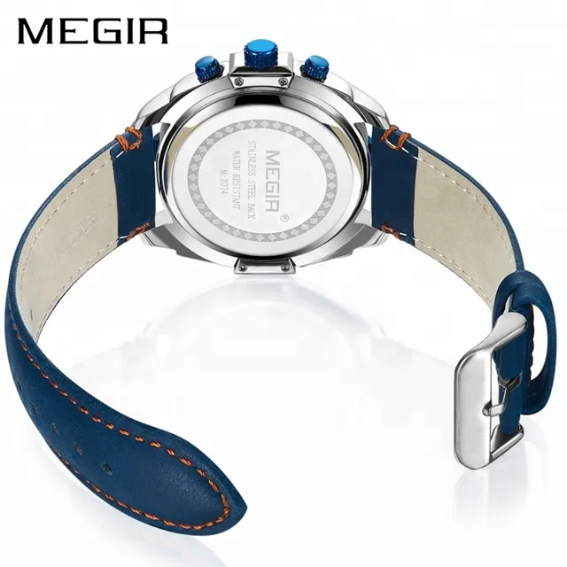 MEGIR Chronograph Relogio Masculino Blue Leather Business Quartz Creative Wrist Watch