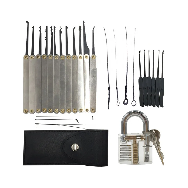 12 Pcs Unlocking Lock Pick Tools Set Key Extractor+Transparent Practice Padlocks 