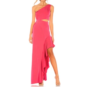 Ladies One-shoulder Dress Ruffled Asymmetric Hem Women Party Rose Red Dress Colors Available