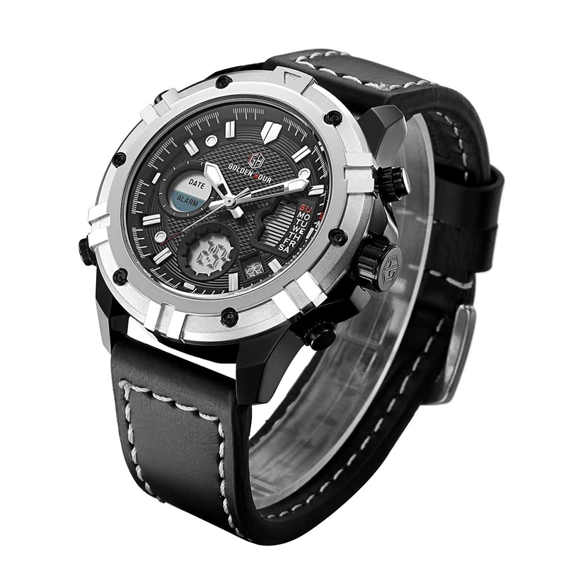 GOLDEN HOURSQuartz Dual Time Watch Men Date Week Alarm Multifunction Fashion Sports Leather Strap Wrist Watches