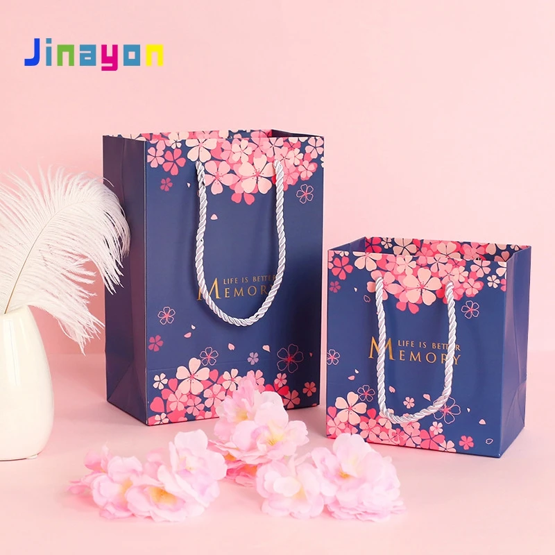 Jinayon – Saco de Presente Romântico e Luxuoso para o Dia dos Namorados, com Estampa de Flores de Cerejeira, Sacola de Mão Azul, Criativa e Bela Embalagem