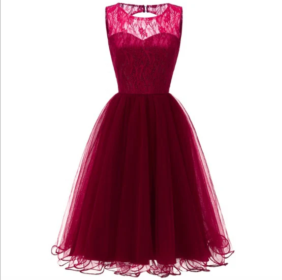 Elegant Red Lace Dress Women Patchwork 