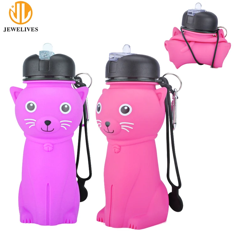 Collapsible Pink Cat Design Removable Carrying Handle BPA Free Leak Proof Perfect Girl Water Bottle Kids for School