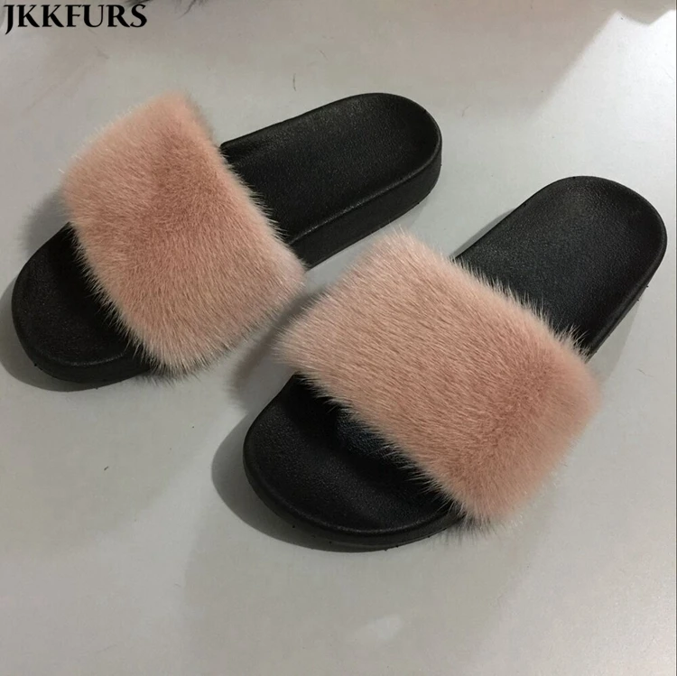 2019 New Mink Fur Slippers High Quality Women Sandals Luxury Fluff Customized Plush Ladies Slides