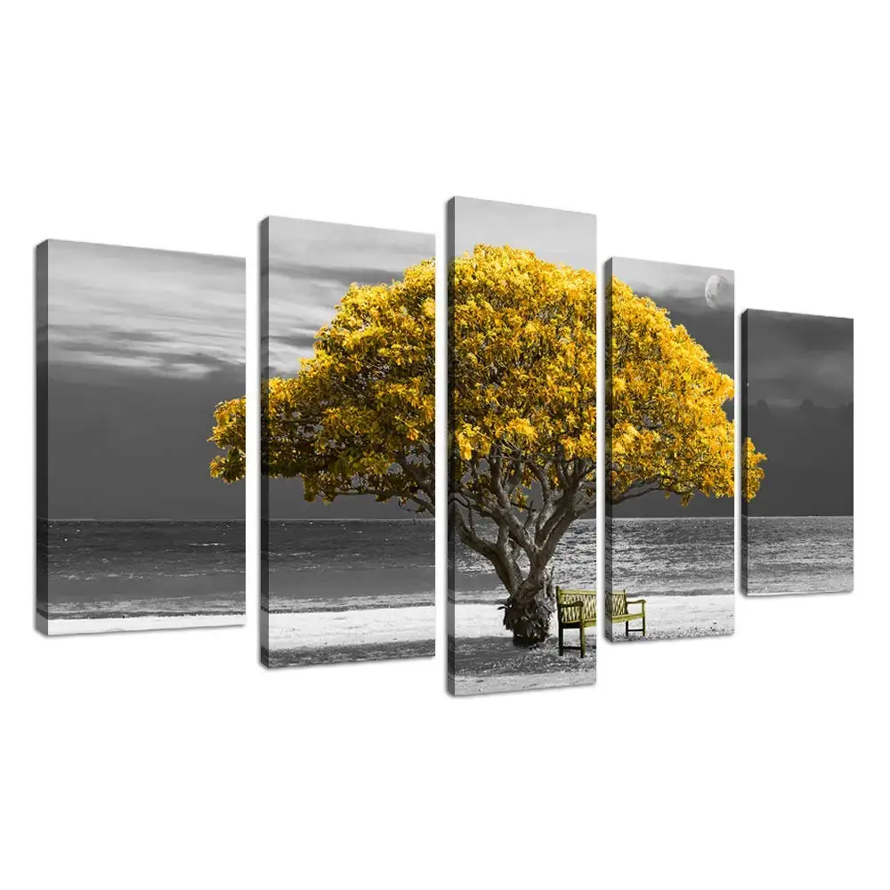 5 Canvas Wall Art Deco Photo Prints - Yellow Tree Landscape View - Modern  Decorative Stretches and Frames Ready to Hang Artwork, image size:1000x1000