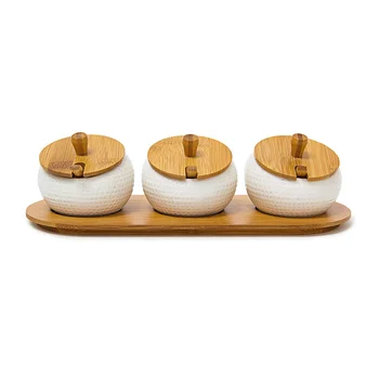 Best selling european ceramic canister sets with wooden base shelf Kitchen Jar
