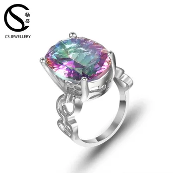 wholesale Semi Precious rainbow mystic topaz 925 italian silver ring with purple stone