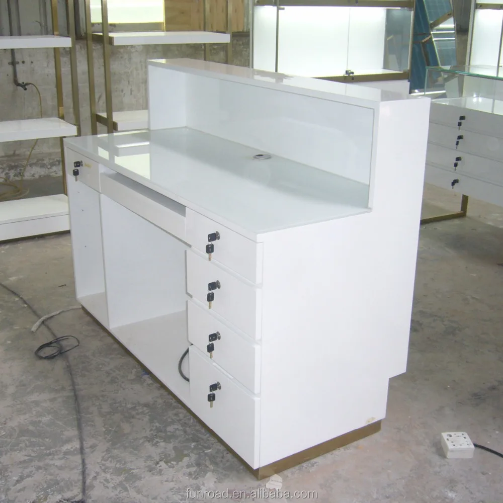 Factory Customized White Gloss Painted MDF Shop Cash Counter and Checkout Counter
