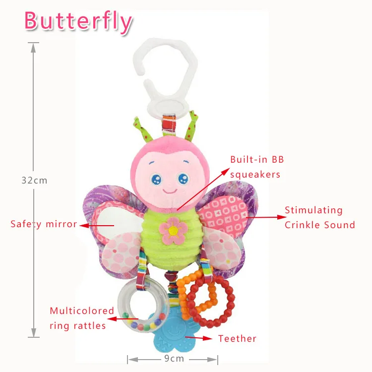 
H026A погремушка в виде розовой бабочки со свистком для прорезывания зубов подвесная кровать для автомобиля 