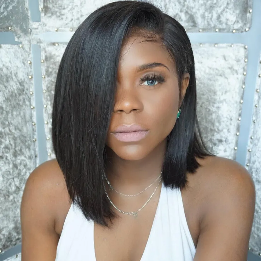 Swept Bangs Bob Style Yaki Straight Lace Front Wig