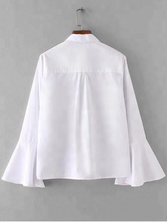 Lady Button Down Flared Cuffs Details Long Sleeve  Women Flower Embroidered Shirt Custom Designs