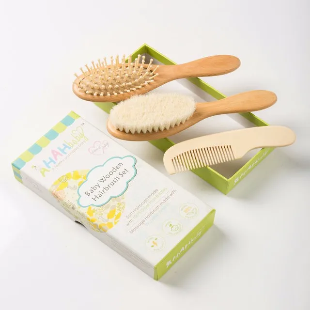 Kids Hair Brush Comb Set Bamboo Baby Comb And Brush Kit Wooden Goat