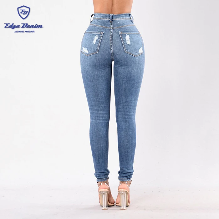 OEM e ODM Jeans Skinny strappati blu medio da donna pantaloni