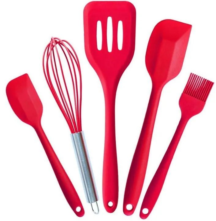 5 PCS Silicone Kitchenware Anti Hot Non-Toxic Cooking Spoon Spatula Egg Beater Brush Silicone Stainless Steel Kitchen Tools