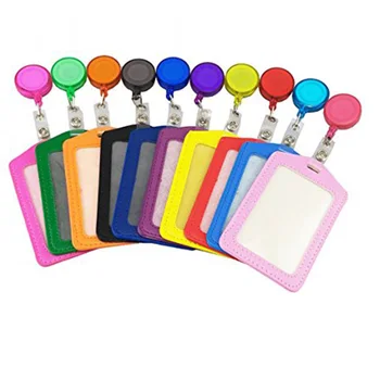 pu leather id badge card holder pouch with retractable yoyo badge reel