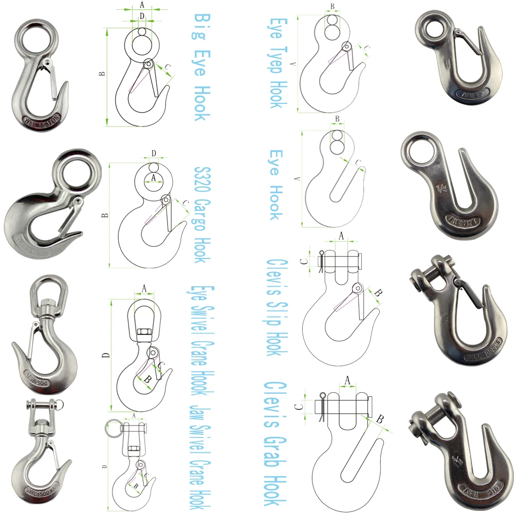 1500kg Stainless Steel Clevis Grab Slip Hooks With Safety Latch Crane