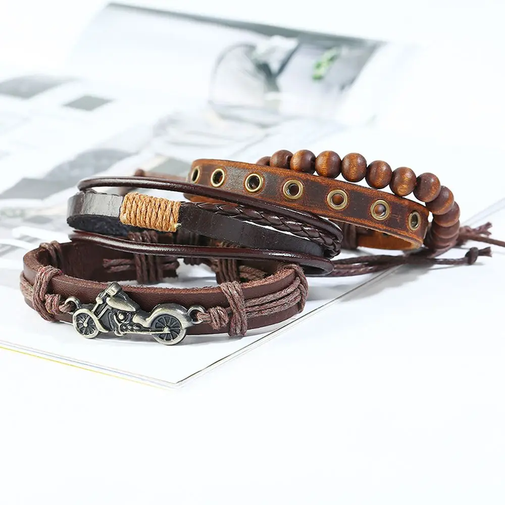 4PCS/set Weave Leather Wood Bead Bracelet for Men Wristband Handmade  Multilayer Cool Bicycle Bracelets Bangles
