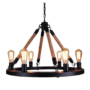 Vintage Industrial Lighting Retro Hemp Rope 6 Lights Vintage Wrought Iron Loft Restaurant Pendant Light