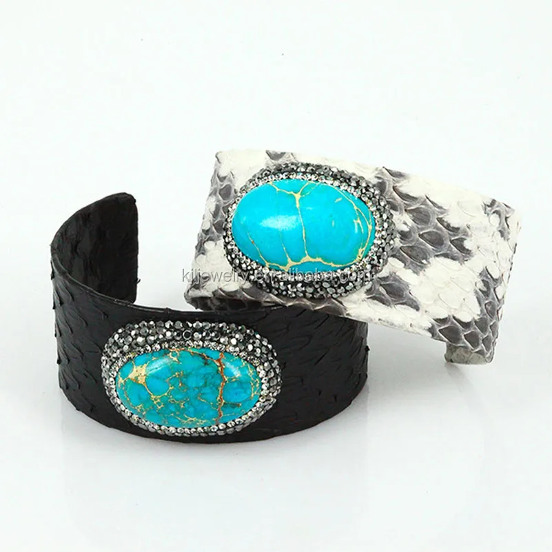 Bohemia Pave Rhinestone Green Turquoise Cuff Bracelet Bangle With Snake Python Skin Pattern Leather Open Bracelets for Women