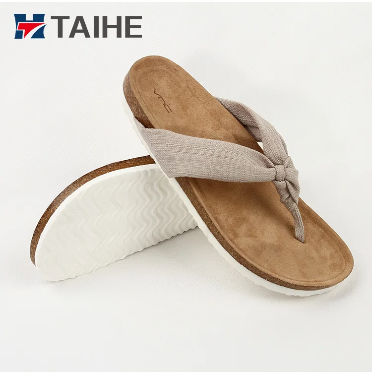 Latest Ladies Cork Flip Flops Slippers Shoes and Sandals Wood Rubber Beach Sandals CN Cotton Fabric Customized Pu for Adult