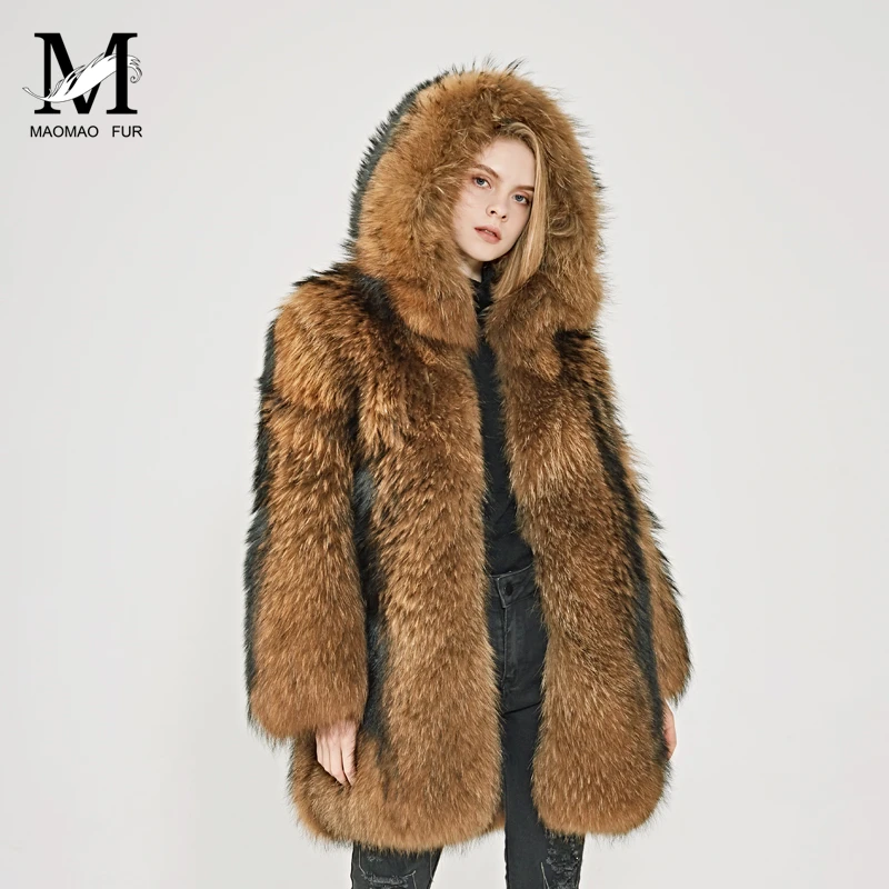 Mao Mao Women's Hooded Raccoon Fur Jacket - Thick, Eco-Friendly