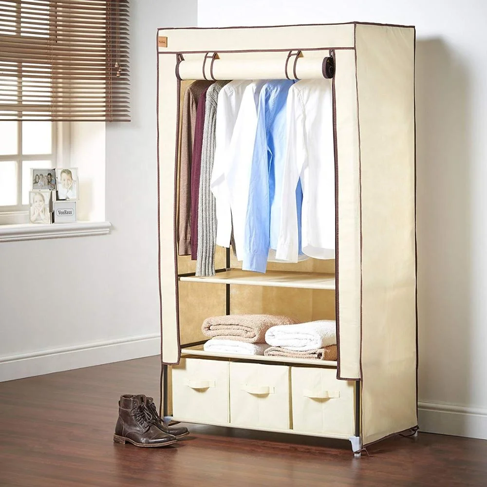 Fabric Double Canvas Wardrobe  With Clothes Storage Cupboard and  Shelves