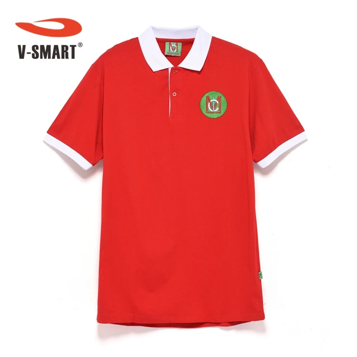 red t shirt with white collar