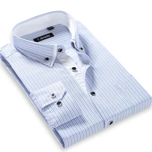 Spring Summer 2016 Mens Long-sleeved Plaid Striped Dress Shirts Double-collar Regular Fit Classic Business Casual Work Shirt Men