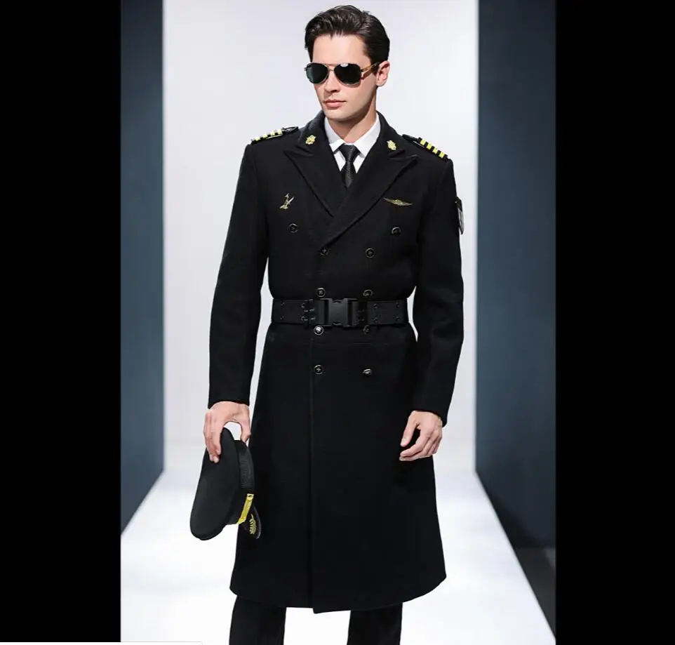 Men's Winter Wool Long Overcoat Design Pilots Uniform for Airline Use