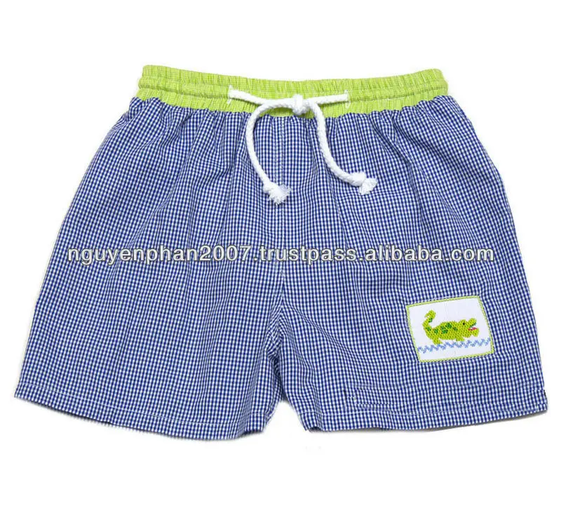 Blue Gingham Swim Trunks With Smocked Green Alligator Gator - Buy Boys ...