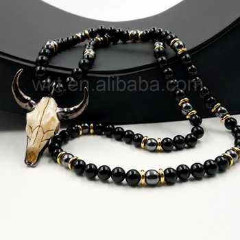 WT-N774 Newest exclusive 8mm Black agate and cattle head 32 inch long beads necklace