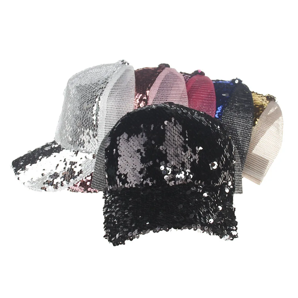 Unisex Men Women Fashion Adjustable Trendy Breathable Mesh Sequined Shiny Baseball Caps Summer Sun G