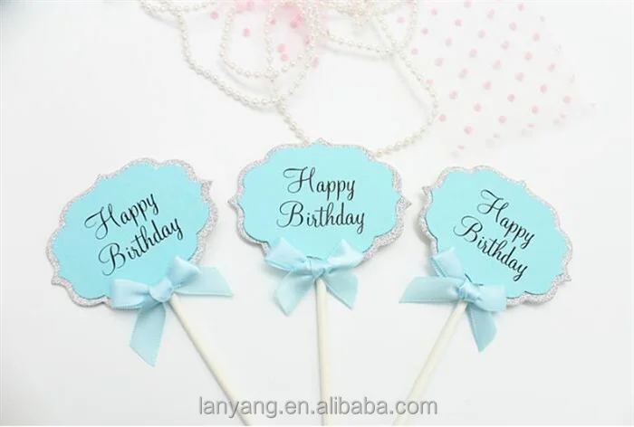 HAPPY BIRTHDAY CAKE PICK TOPPER DECORATION GLITTERED SPARKLY BLUE PINK PAPER PICKS