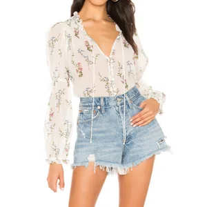 Latest Fashion Apparel Smocked Shoulders Tie Neck White Silk Blouse