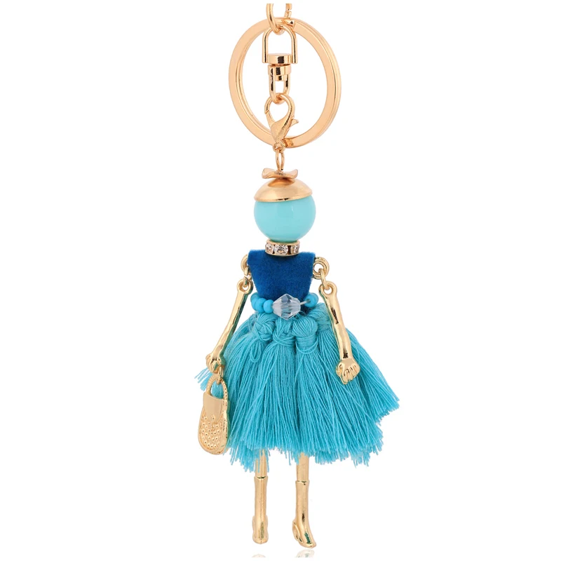 Оптовая продажа Yiwu, милый брелок для ключей с сумкой, женский брелок с кисточкой и юбкой, роскошная металлическая кукла, умный брелок для ключей