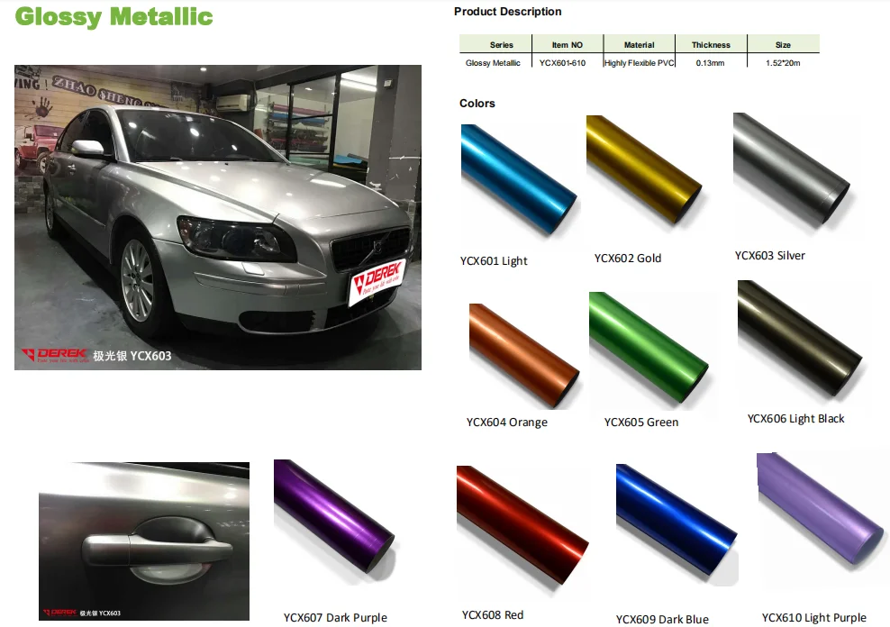 Free sample Glossy  metallic ca  body decoration car wrap pvc film car wrap vinyl roll 1.52*18m