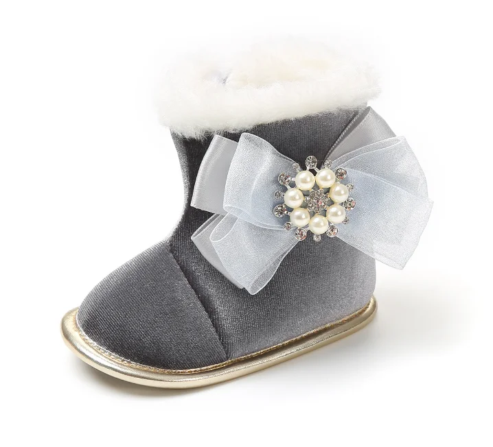 
 Детские зимние теплые ботинки на мягкой подошве с блестками из флисовой ткани с жемчужным Кружевом и бантом  