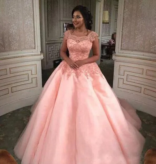 Luxury Women Short Sleeve Puffy Princess Ball Gown Pink Wedding Dress