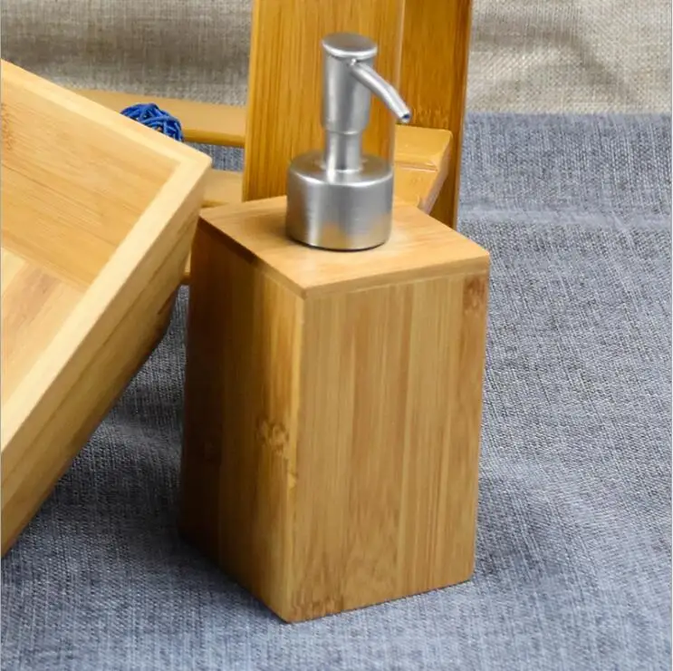 Bathroom Square Bamboo Manual Liquid Soap Dispenser Hand Pump Sanitizer Dispenser Bottle