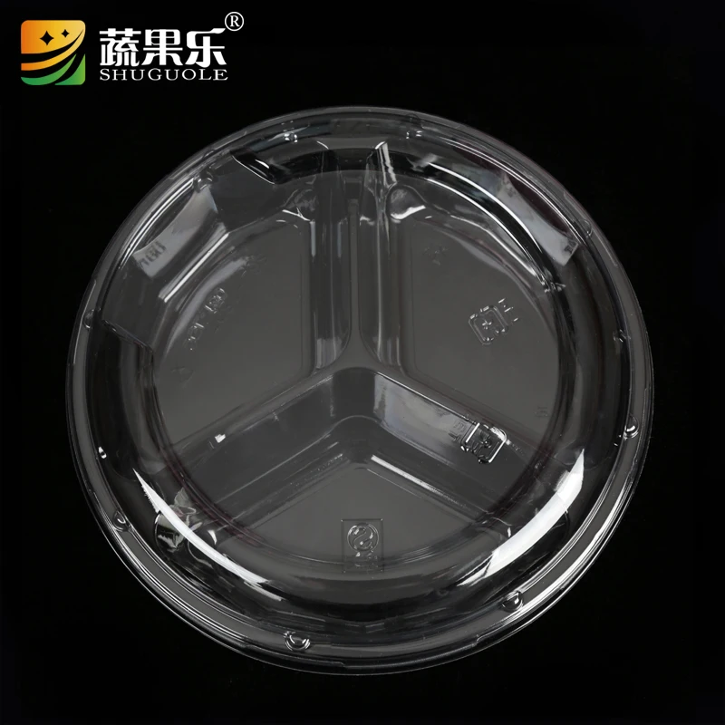 Vacuum Forming Plastic Salad Bowl With Dividers, Round Clear Takeaway Salad Container with 3 Com