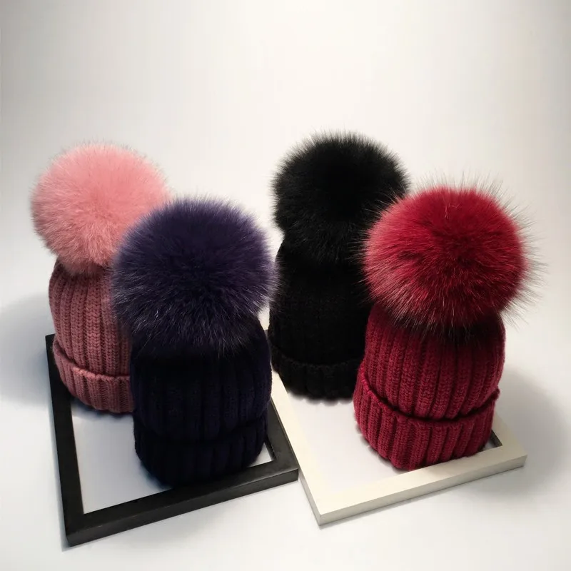 H104 Apparel Accessories Winter Red Removable Fox Bobble Hat For Women Warm Knitted Beanies With Fur Pom Poms Wool Fur Hat Buy Spring Autumn Silver Fox Fur Pom Hat Women Knit Beanie Mink