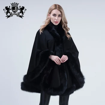 Popular cashmere cape real fox fur women poncho fur trim cloak