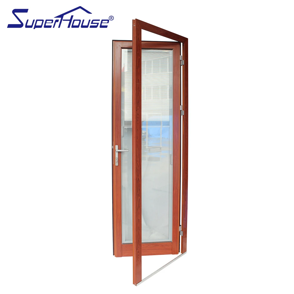 Aluminum Tempered Glass Wooden Color Hinged French Casement Doors with Blinds in